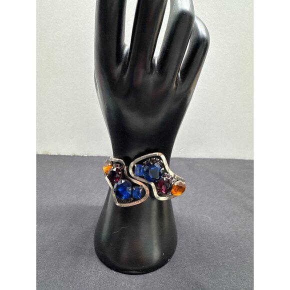 Vintage Silver-Tone Hinged Cuff Bracelet Multicolor Rhinestone Accents - Blue Or